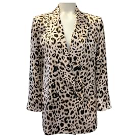 L'Agence Leopard Print Silk Taryn Double Breasted Blazer Brown