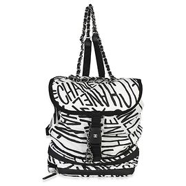 Chanel White Black Nylon Printed Coco Neige Backpack Black