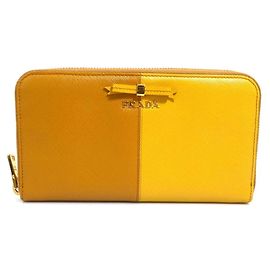 Prada Brown and Yellow Leather Long Wallet Brown Yellow