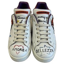 Dolce & Gabbana Portofino Low-Top Sneaker Weiß Leder Graffiti Weiß