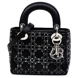 Lady Dior Mini em cetim preto com cannage e adornos de strass e cristais Preto