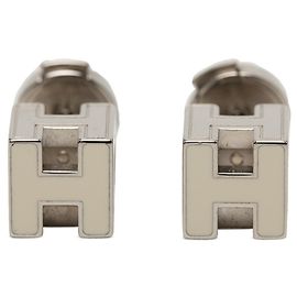 Hermès Hermes Cage d'H H-Cube Logo Stud Earrings Silvery White