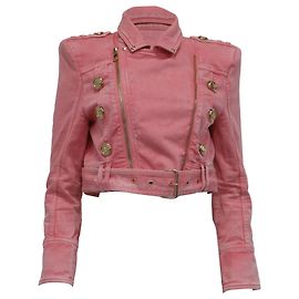 Jaqueta jeans curta com cinto Balmain em algodão rosa Rosa