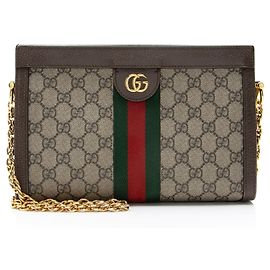 Bolsa de Ombro Gucci GG Supreme Ophidia Medium Chain Marrom Bege