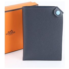 Hermès Hermes U Stamp Tarmac PM Leather Passport Cover Navy blue