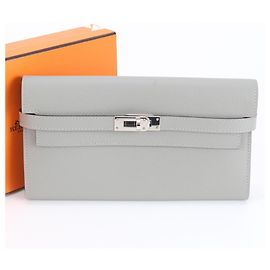 Cartera larga Kelly Hermès en piel Epsom gris Castaño