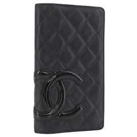 CHANEL Cambon Line Long Wallet Lamb Skin Black CC Auth 176414 Negro