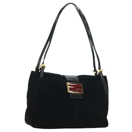 FENDI Mamma Baguette Tote Bag Suede Black Gold Auth 178745V Black Golden