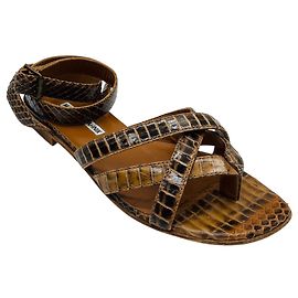 Manolo Blahnik Tan Snakeskin Leather Ankle Wrap Flat Sandals Camel