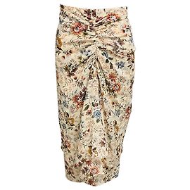 Veronica Beard Ecru Multi Sira Ruched Floral Silk Midi Skirt Beige