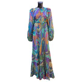 Alberta Ferretti Maxi-Caftan-Kleid Psychedelischer Print Pink Blau Beige Grün Orange Lila