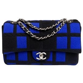 Chanel 13P Runway Blue Black Jersey Classic Medium Single Flap Bag SHW Noir Bleu Bijouterie argentée
