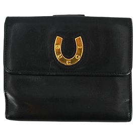 Gucci Vintage Black Leather Horseshoe Double Compartment Wallet Black