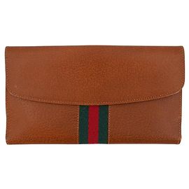 Gucci Portafoglio lungo in pelle marrone chiaro vintage con web e monedario Marrone