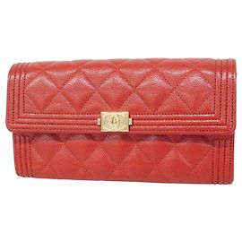 Chanel Boy Long Wallet in Red Caviar Leather Red