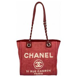 Chanel Deauville Canvas Chain Tote Bag Red