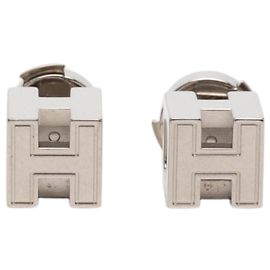 Hermès Silver Palladium Plated Cage dH Cube Push Back Earrings Silvery