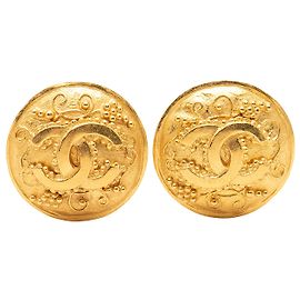 Boucles d'oreilles Chanel Gold CC plaqué or Grapevine Round Clip On Doré
