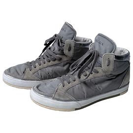 Prada Grey Leather and Nylon High-Top Sneakers Silvery Grey