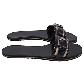 Burberry Check Canvas Buckle Embellished Flat Sandals in Black Patent Leather Black