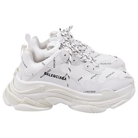 Balenciaga Triple S All Over Logo Sneakers in White Polyurethane White Cream