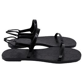 Gucci Monogram Embossed Slingback Flats Sandals in Black Leather  Black