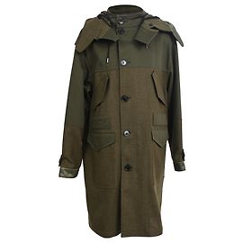 Berluti Button-Down Panelled Hooded Coat in Olive Wool Green Olive green