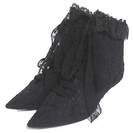 Yves Saint Laurent Saint Laurent Paris Flower Embroidery Lace Ankle Boots Black