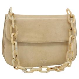 Bolsa de Ombro com Corrente PRADA em Couro Bege Prata Auth 180139 Prata Bege