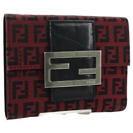 FENDI Zucchino Canvas Bifold Wallet Red Silver Auth 167310A Silvery Red