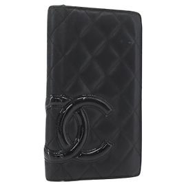 CHANEL Cambon Line Long Wallet Lamb Skin Black CC Auth 176412 Black