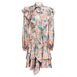 Vestido de seda com estampa floral rosa claro multicolorida com laço e babados Peter Pilotto Rosa