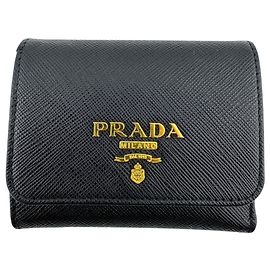 Prada Saffiano Leather Compact Tri-Fold Wallet Black