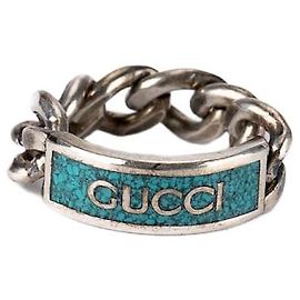Gucci Logo Enamel Chain Ring Silver Turquoise Blue Women IT 13 US 6.5 Blue
