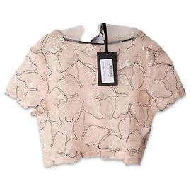 Blumarine Sheer Floral Sequin Mesh Crop Top Pink Black Women L Black Pink