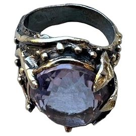 Autre Marque Anello Statement in Argento e Oro con Ametista D'oro Porpora Silver hardware