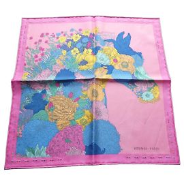 Hermès Lenço Gavroche 45 "Robe Légère" em seda bordado à mão Rosa Azul Verde Cru Roxo Amarelo