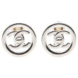 Chanel Silver CC Brass Turnlock Round Clip On Earrings Silvery