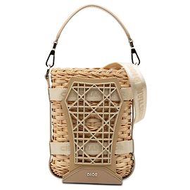 Bolsa bucket cesta Sahara de ráfia e couro marrom Dior Marrom Bege