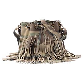 Sac seau Emmanuelle à franges en daim à imprimé camouflage marron Small de Saint Laurent Marron Marron clair