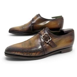 SAPATOS BERLUTI MOCASSINS COM FIVELA 0112 8.5 42.5 COURO PATINADO E SCRITTO Marrom