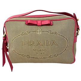 Bolsa Transversal Prada Jacquard Canvas Khaki Corda Peonia Marrom