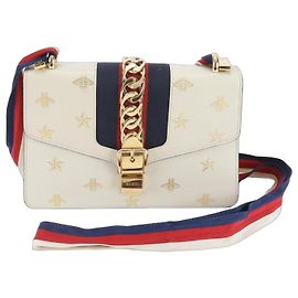 Gucci Sylvie Bee & Star Leather 2-Way Shoulder Bag White Golden Navy blue