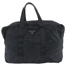 Prada Tessuto Nylon Triangle Logo Leather Tote Bag Black