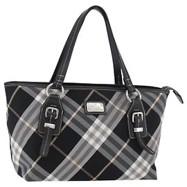 BURBERRY Nova Check Blue Label Tote Bag Nylon Schwarz Silber Auth 180034 Schwarz Silber