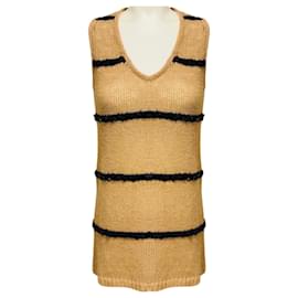 Suéter de punto sin mangas con cuello en V y rayas de lentejuelas Brunello Cucinelli Tan / Black Camello