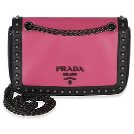 Prada Black Pink Calfskin Glace Studded Chain Flap Noir Rose