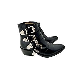 Toga Pulla Black leather ankle boots with silver buckles Black