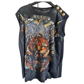Balmain Tiger Print Distressed Cotton T-Shirt Black