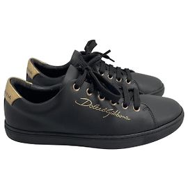 Dolce & Gabbana Baskets en cuir noir et détails dorés Noir Doré